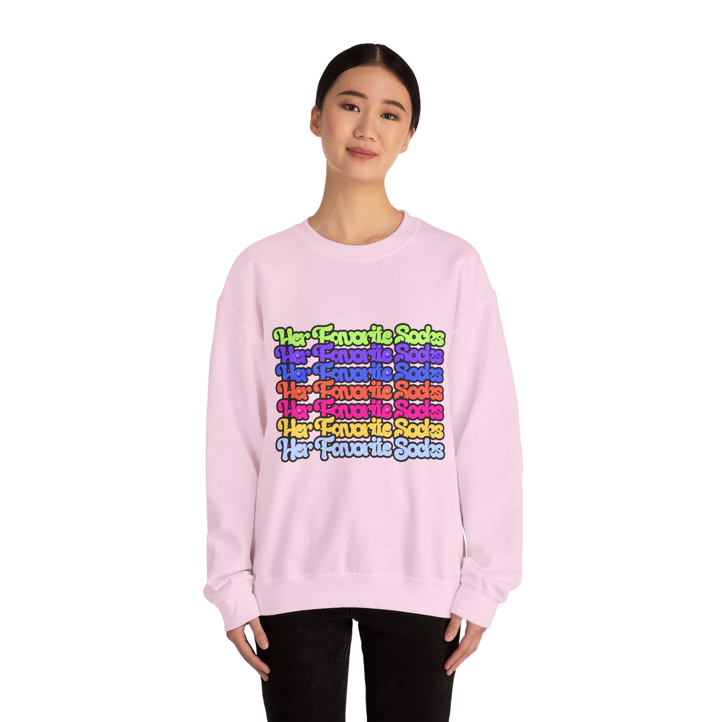 Crewneck Sweatshirt — Colorful "Her Favorite Socks" Retro Script Stacked Design