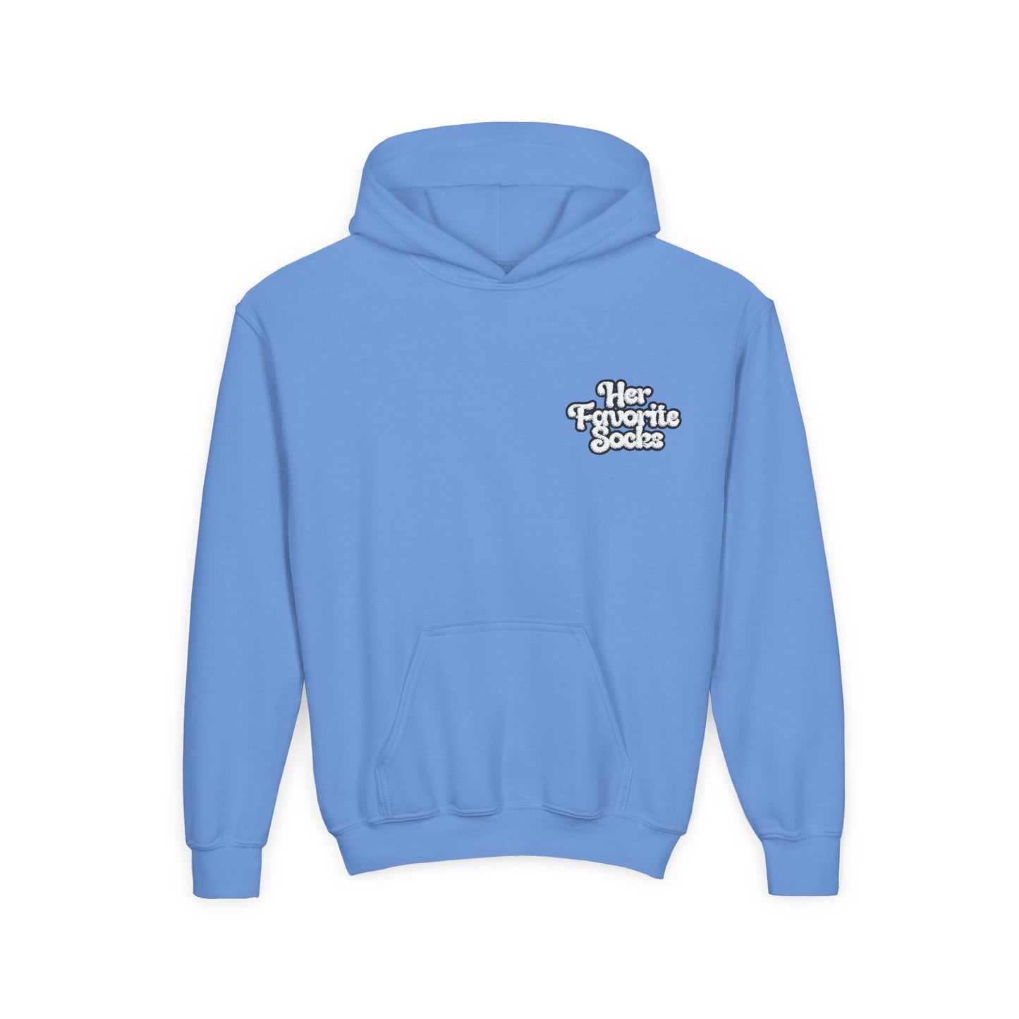 Youth Hoodie — 'Her Favorite Socks' Retro Script Chest Logo
