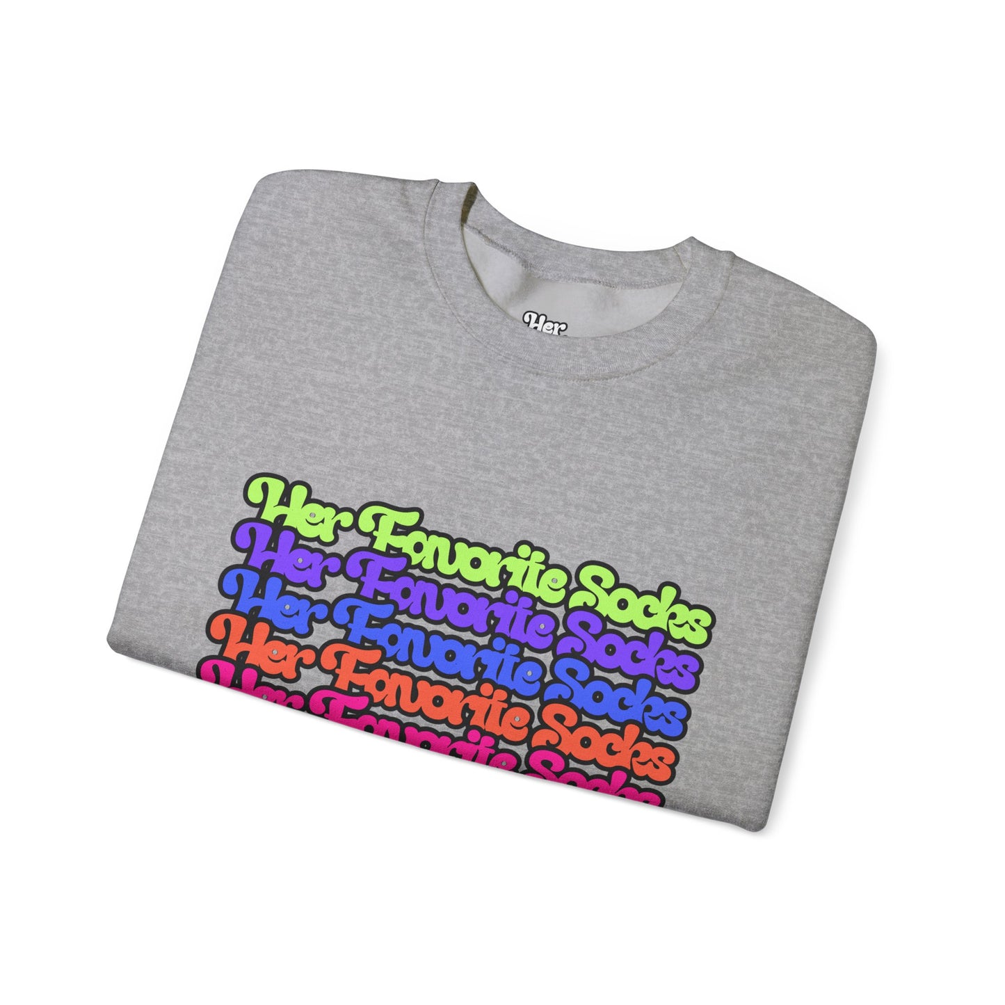 Crewneck Sweatshirt — Colorful "Her Favorite Socks" Retro Script Stacked Design