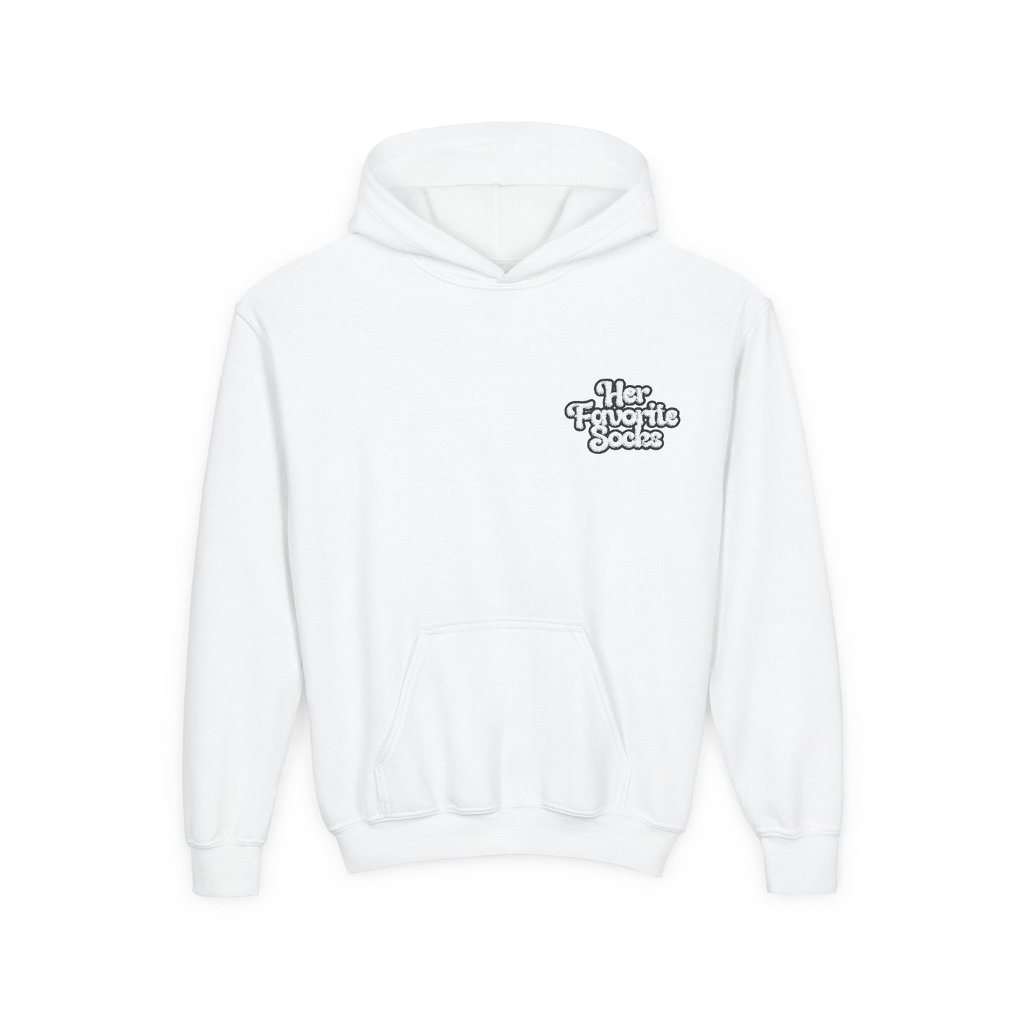 Youth Hoodie — 'Her Favorite Socks' Retro Script Chest Logo