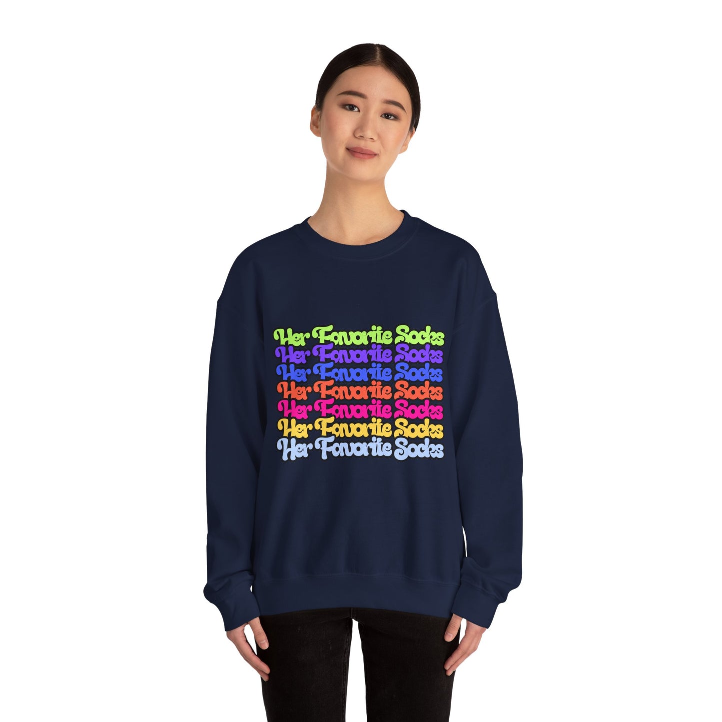 Crewneck Sweatshirt — Colorful "Her Favorite Socks" Retro Script Stacked Design