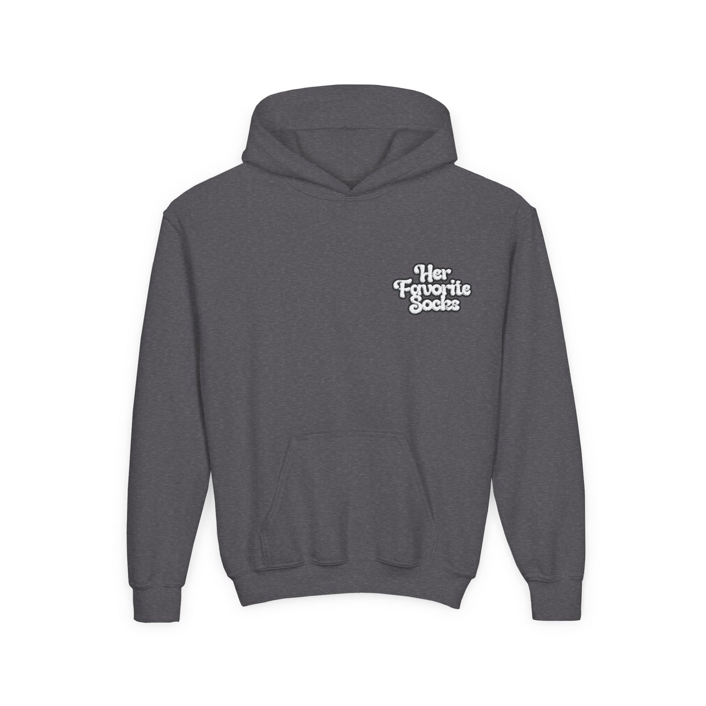 Youth Hoodie — 'Her Favorite Socks' Retro Script Chest Logo
