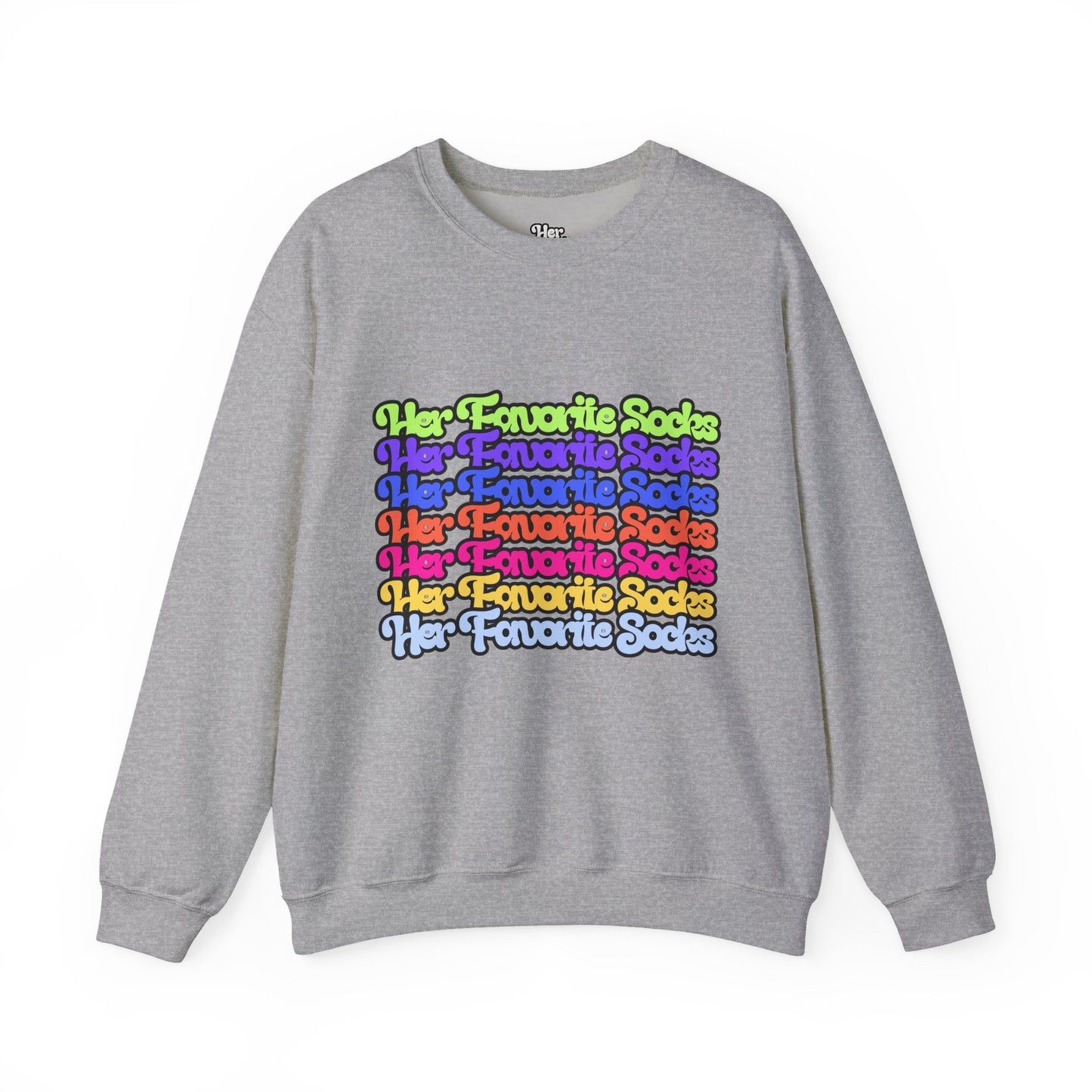 Crewneck Sweatshirt — Colorful "Her Favorite Socks" Retro Script Stacked Design