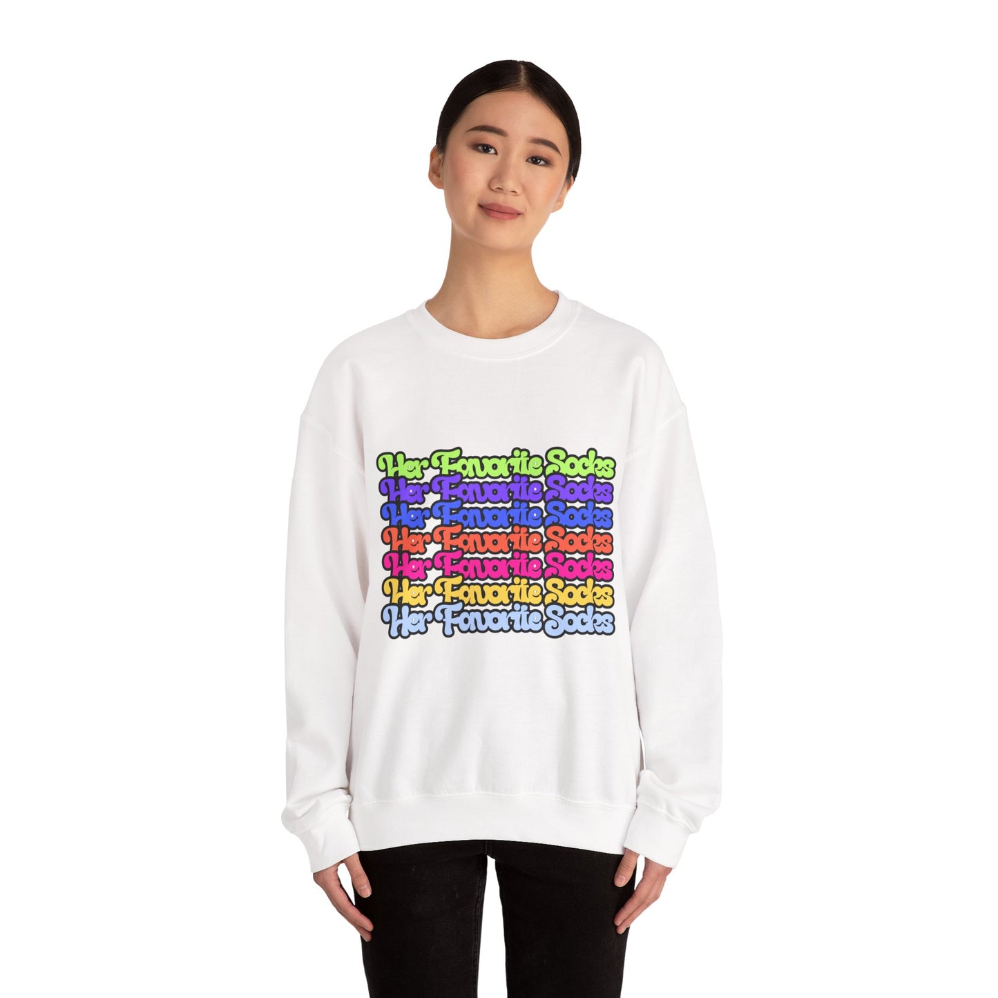 Crewneck Sweatshirt — Colorful "Her Favorite Socks" Retro Script Stacked Design