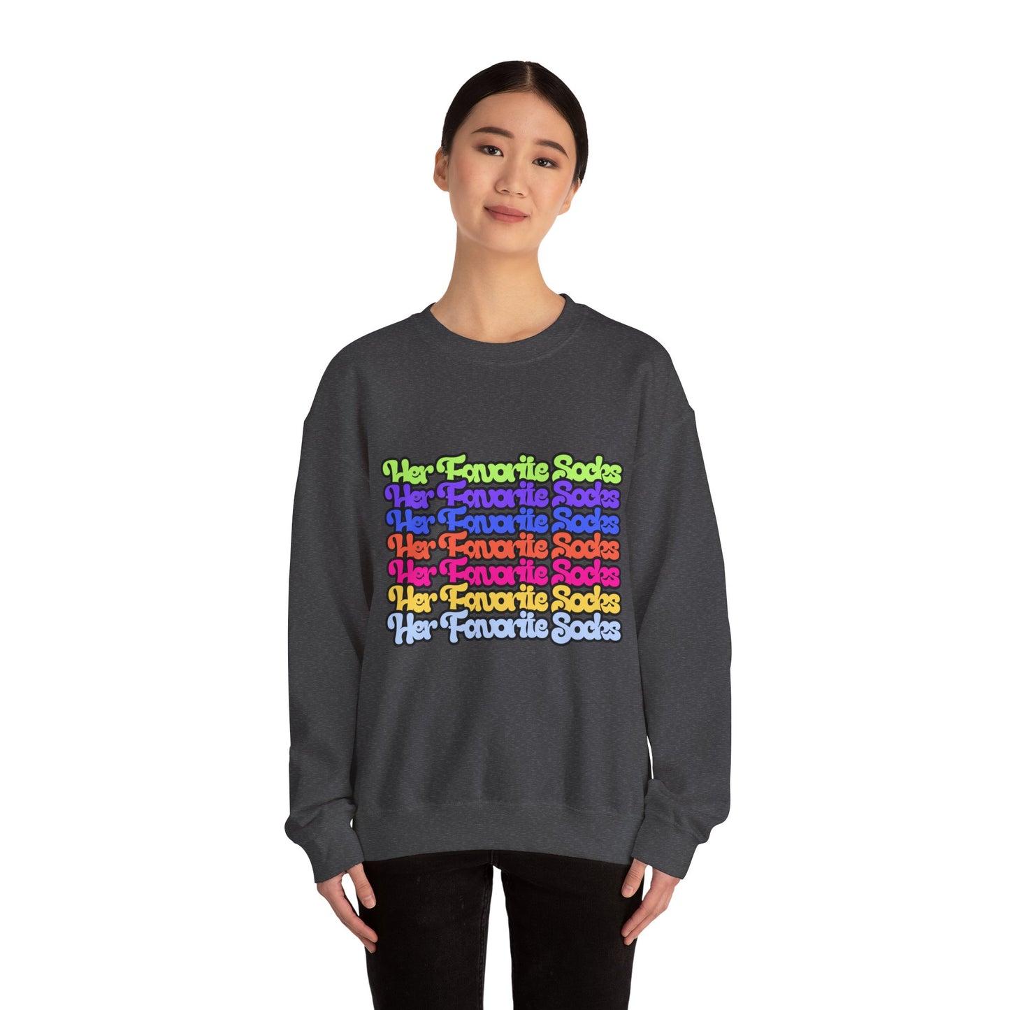 Crewneck Sweatshirt — Colorful "Her Favorite Socks" Retro Script Stacked Design