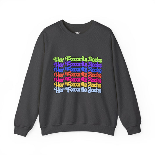 Crewneck Sweatshirt — Colorful "Her Favorite Socks" Retro Script Stacked Design