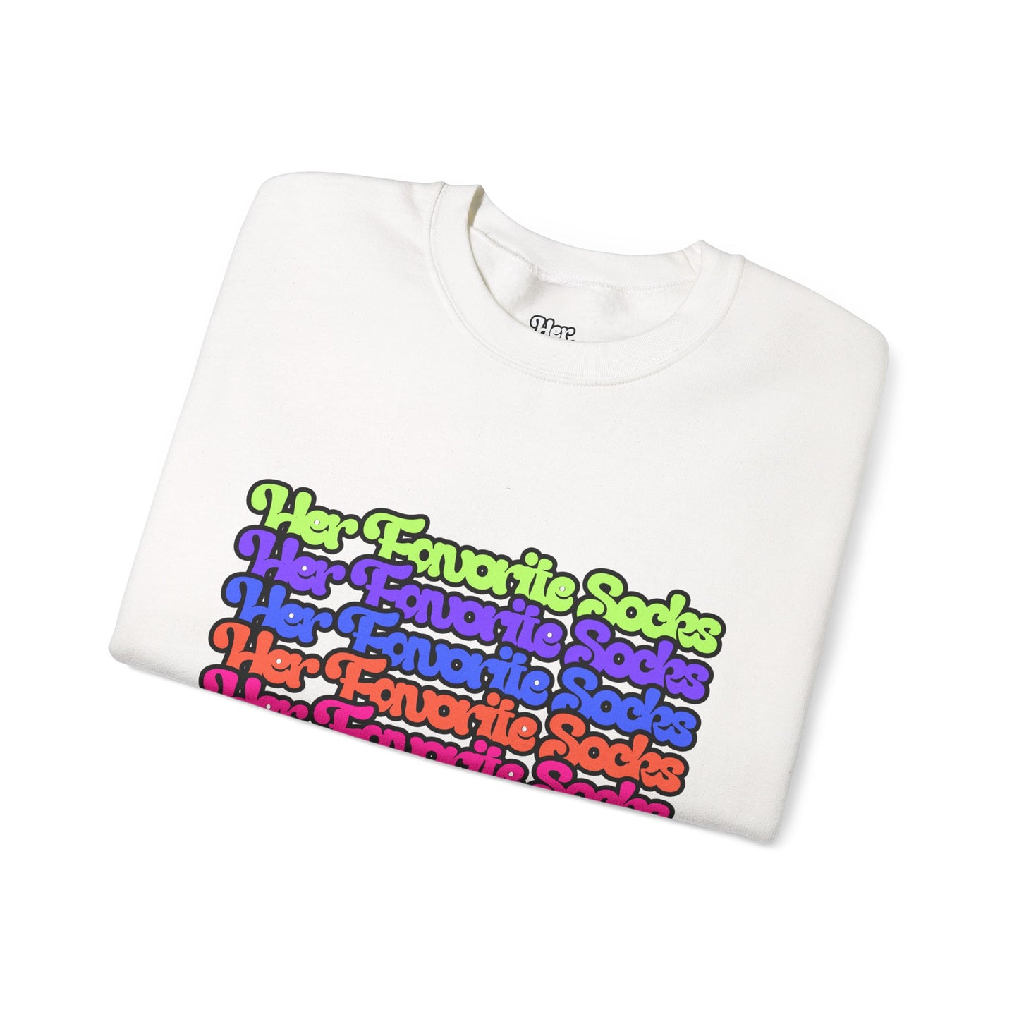 Crewneck Sweatshirt — Colorful "Her Favorite Socks" Retro Script Stacked Design