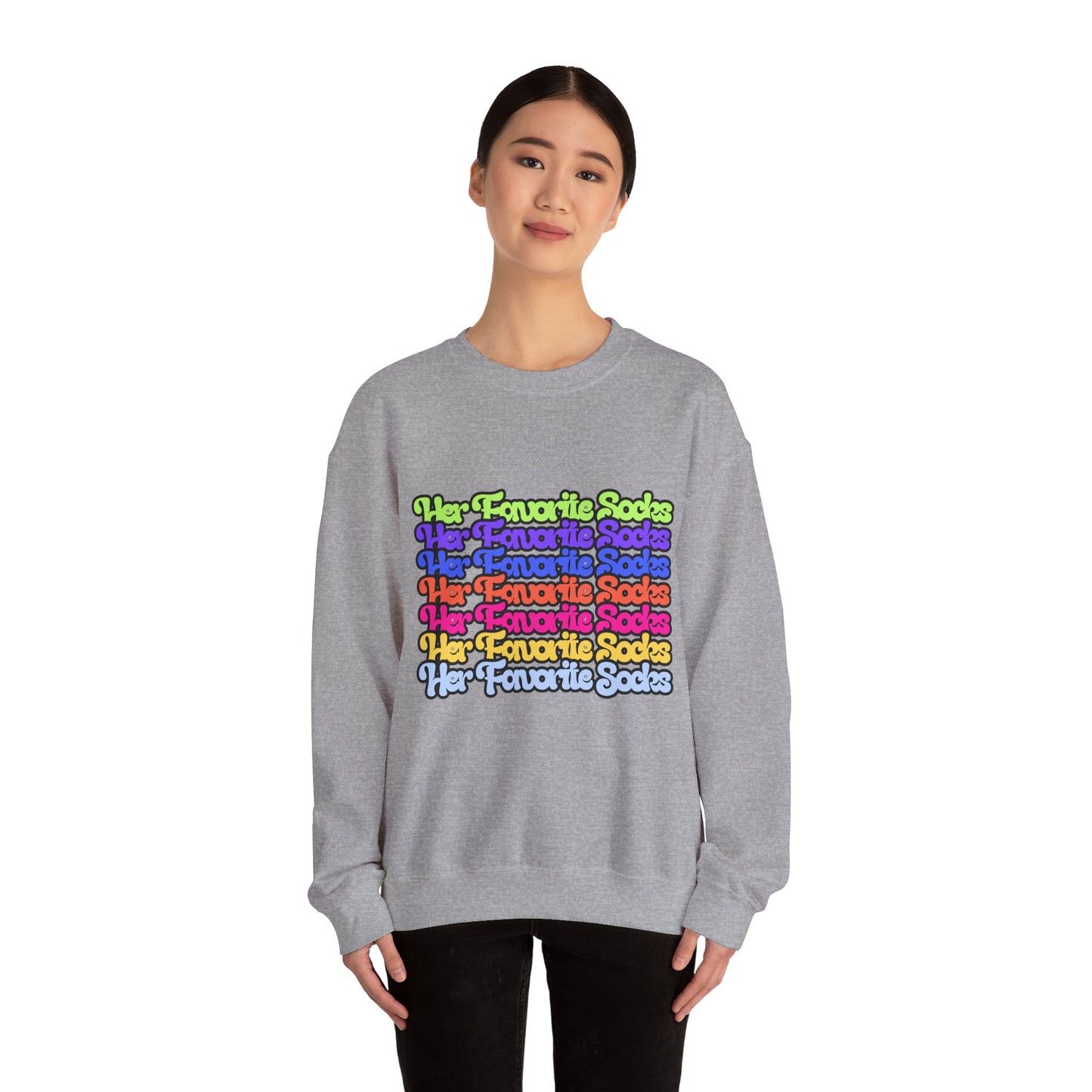 Crewneck Sweatshirt — Colorful "Her Favorite Socks" Retro Script Stacked Design