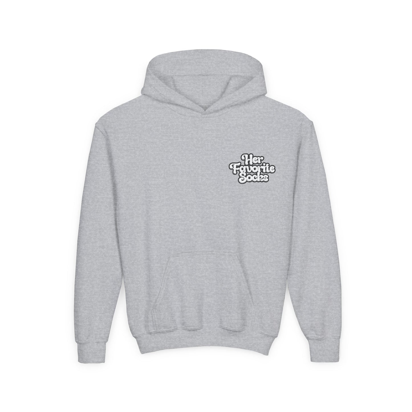 Youth Hoodie — 'Her Favorite Socks' Retro Script Chest Logo