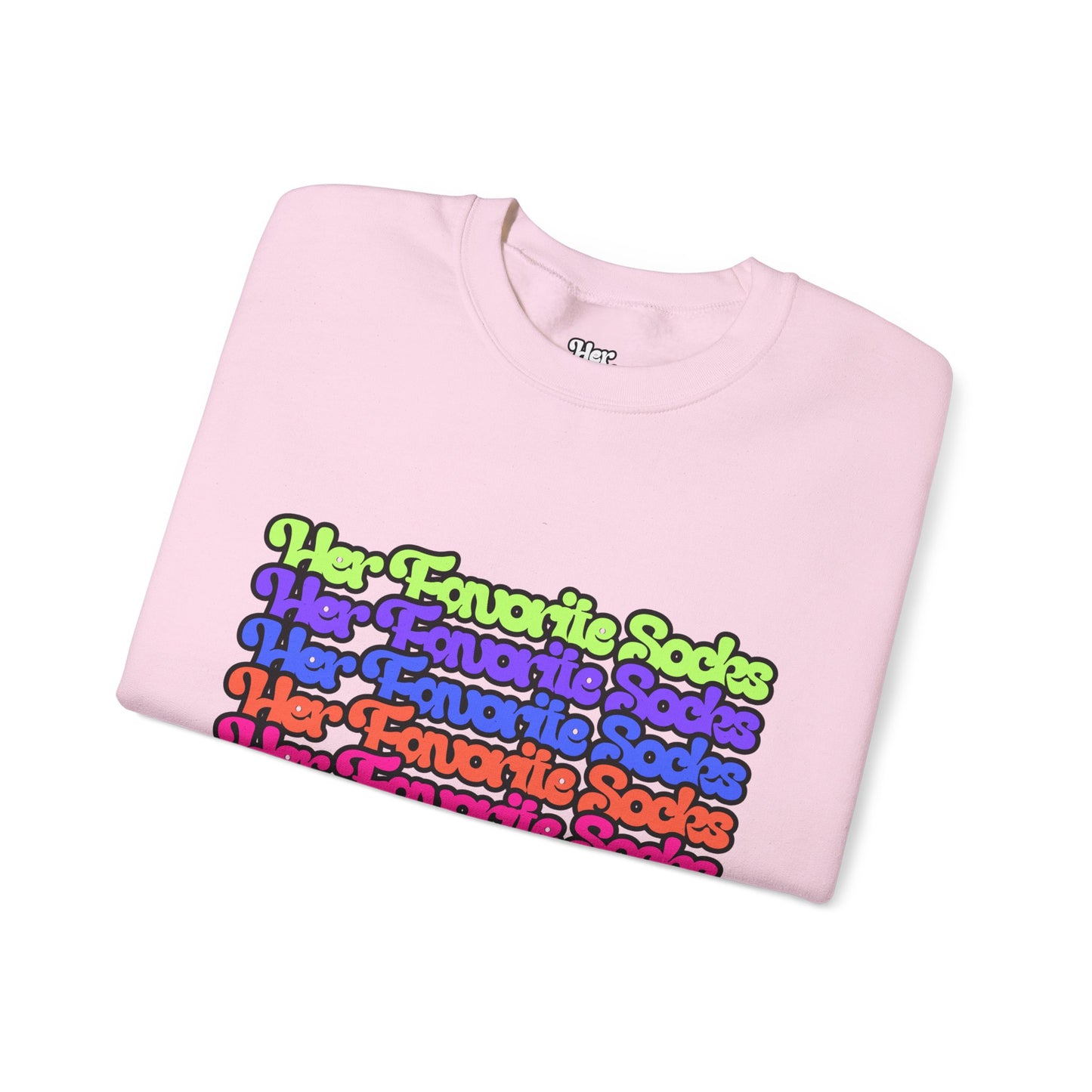 Crewneck Sweatshirt — Colorful "Her Favorite Socks" Retro Script Stacked Design