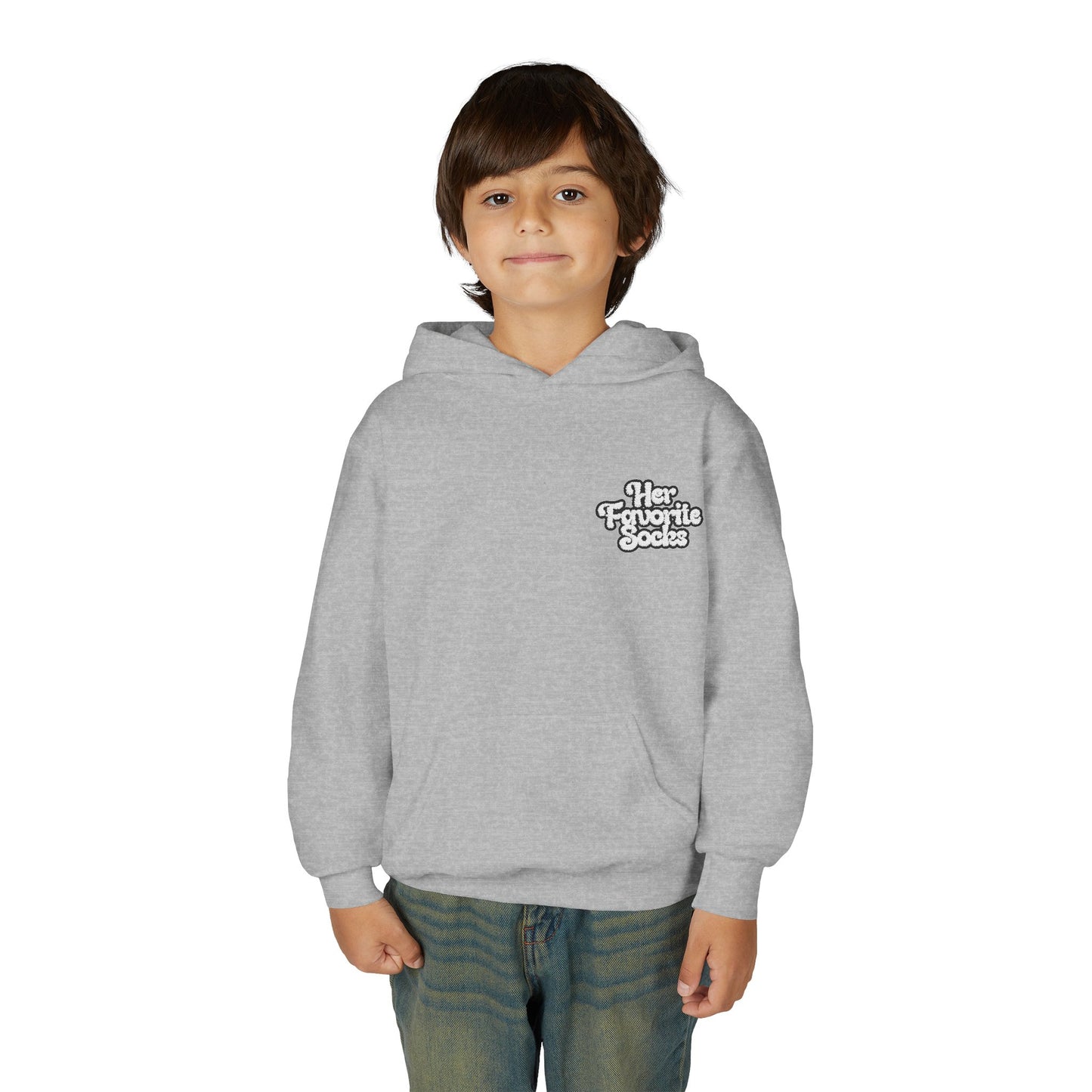 Youth Hoodie — 'Her Favorite Socks' Retro Script Chest Logo