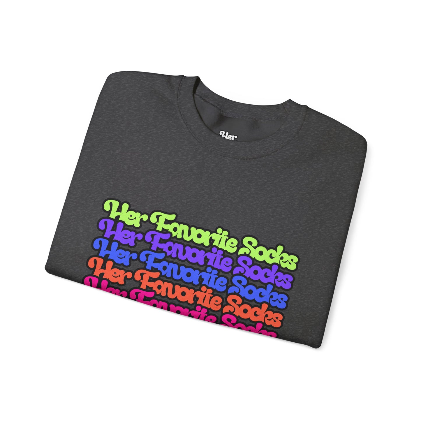 Crewneck Sweatshirt — Colorful "Her Favorite Socks" Retro Script Stacked Design