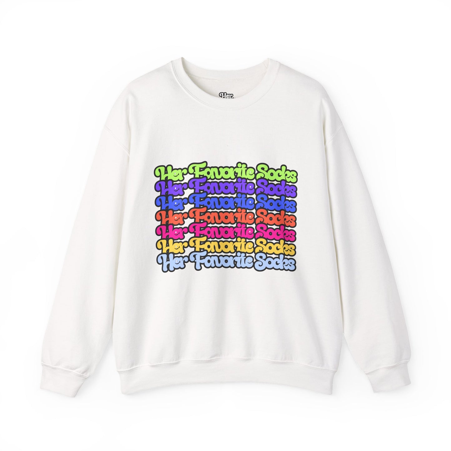 Crewneck Sweatshirt — Colorful "Her Favorite Socks" Retro Script Stacked Design