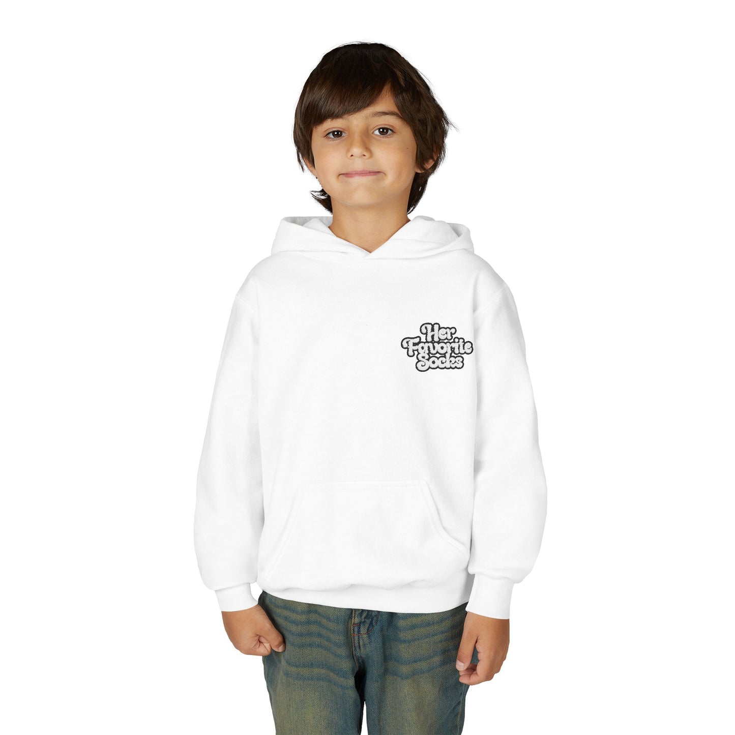 Youth Hoodie — 'Her Favorite Socks' Retro Script Chest Logo