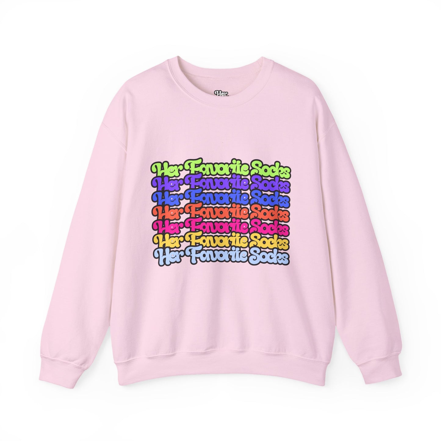 Crewneck Sweatshirt — Colorful "Her Favorite Socks" Retro Script Stacked Design