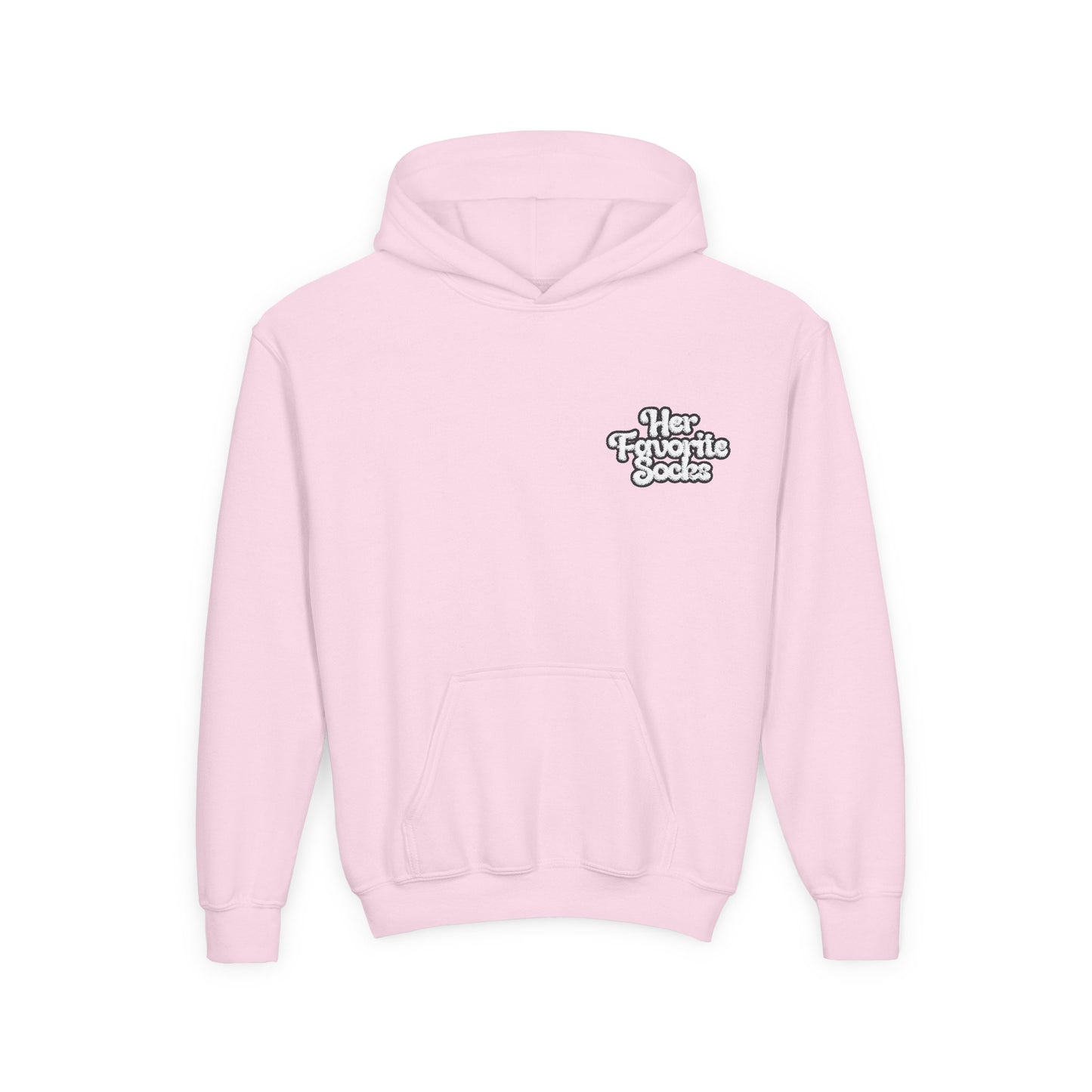 Youth Hoodie — 'Her Favorite Socks' Retro Script Chest Logo
